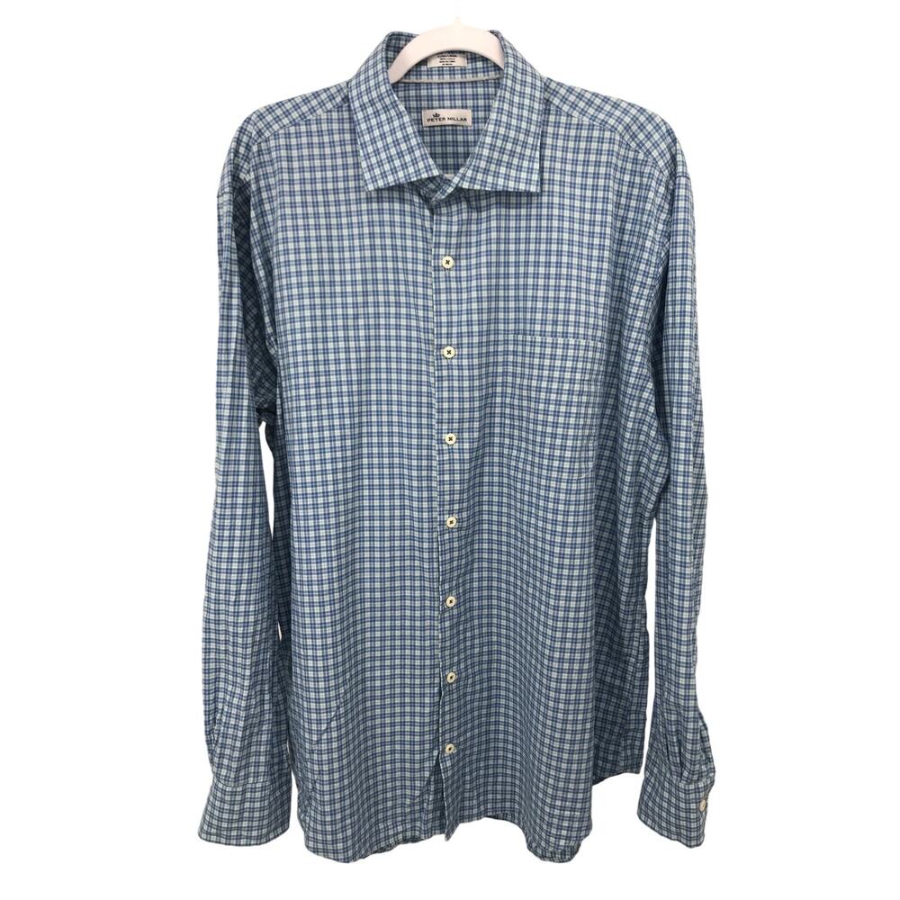 Peter Millar Mens Blue Plaid Long Sleeve Button Down Shirt Size XL